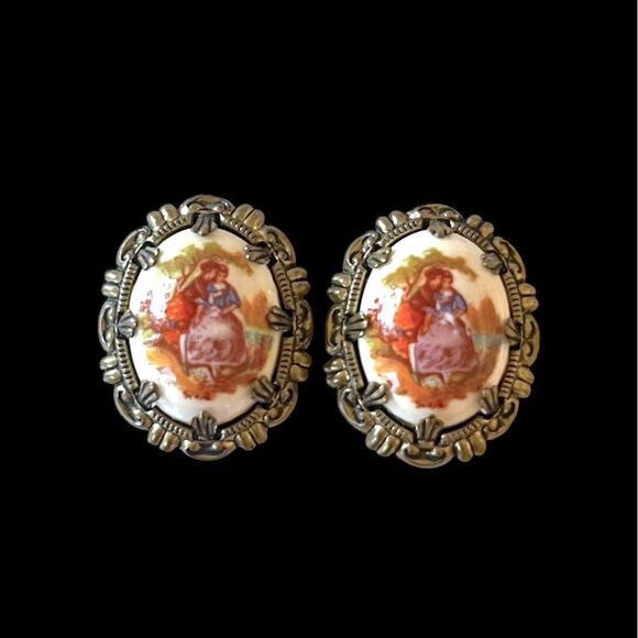 Vintage West Germany Porcelain Clip Earrings - Picture 1 of 5